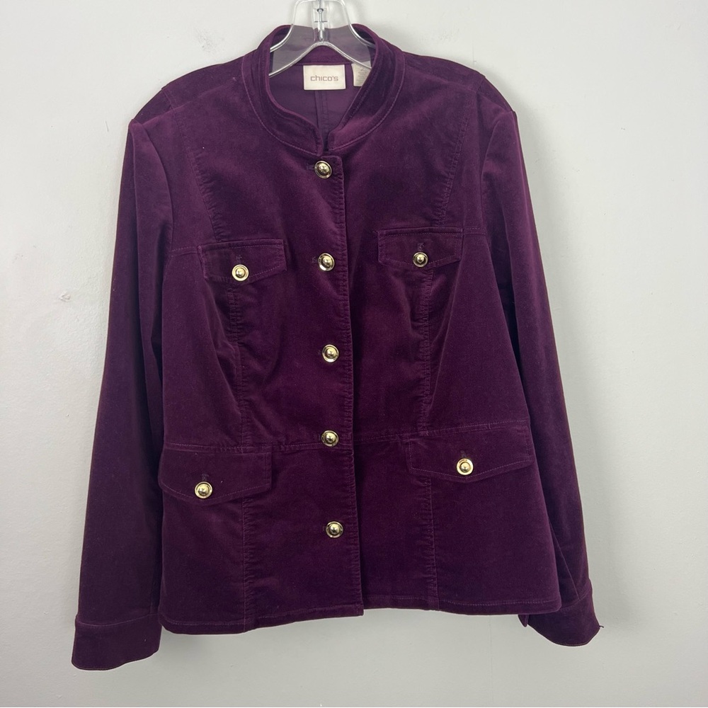 Chico's Purple Velvet Peplum Blazer Gold Buttons